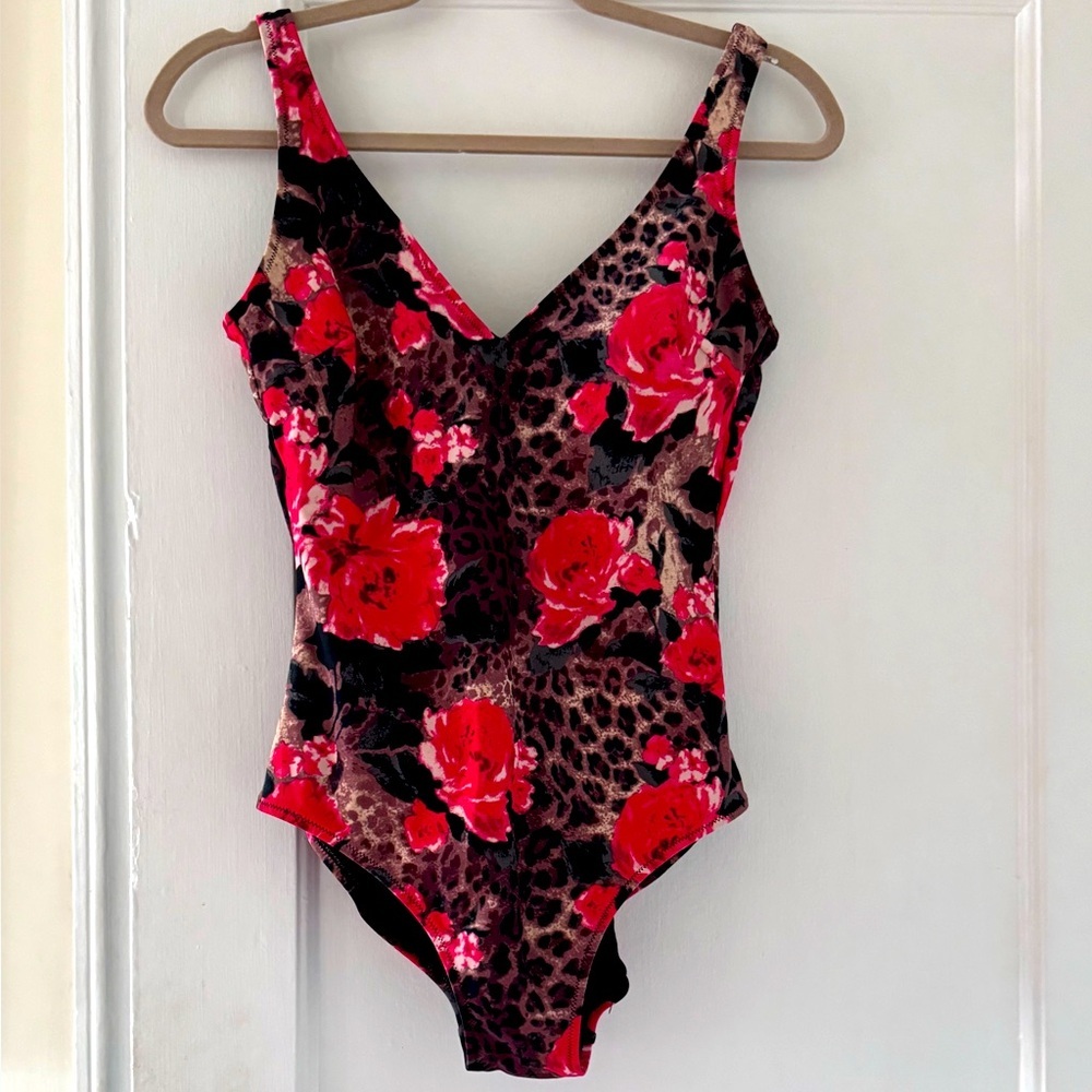 Gottex Floral Leopard Print Low Back One Piece Swimsuit